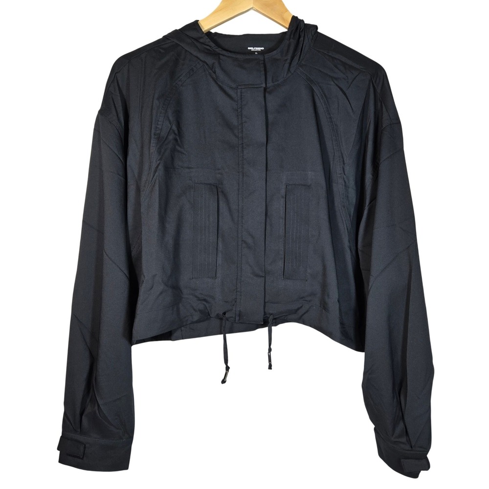 Girlfriend Collective Black Heidi Windbreaker Cropped Hooded Jacket XL NWT